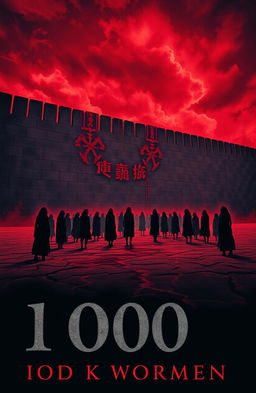 A dramatic book cover with a dark and haunting atmosphere, featuring a colossal wall dominating the background and stretching endlessly into a stormy, blood-red sky