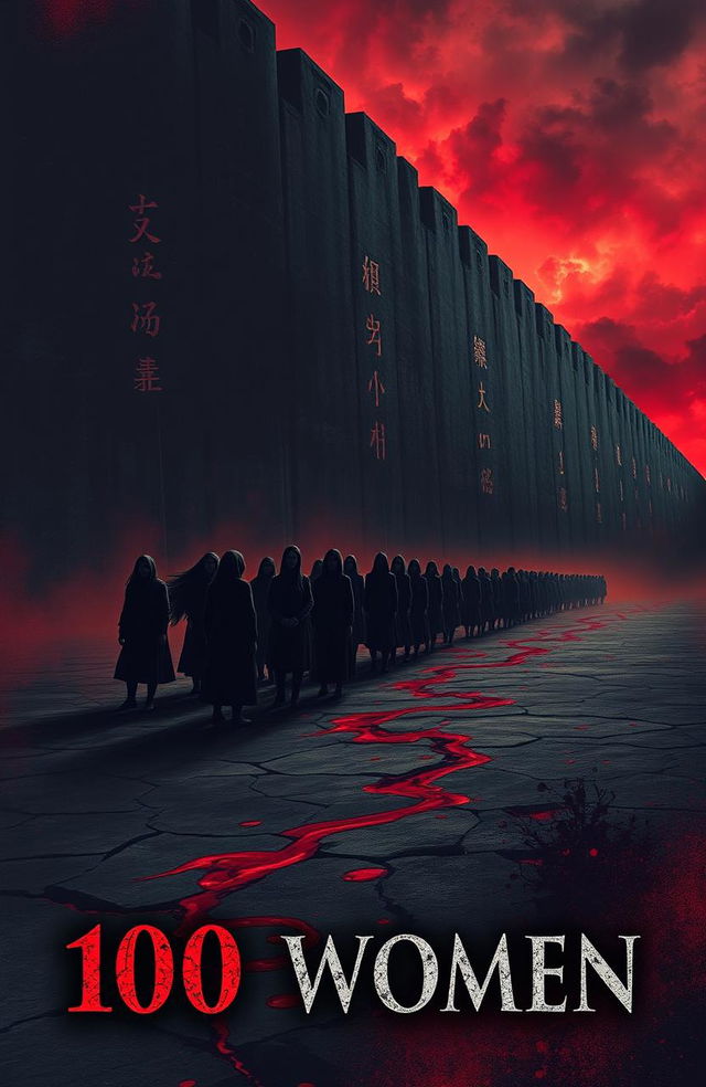 A dramatic book cover with a dark and haunting atmosphere, featuring a colossal wall dominating the background and stretching endlessly into a stormy, blood-red sky