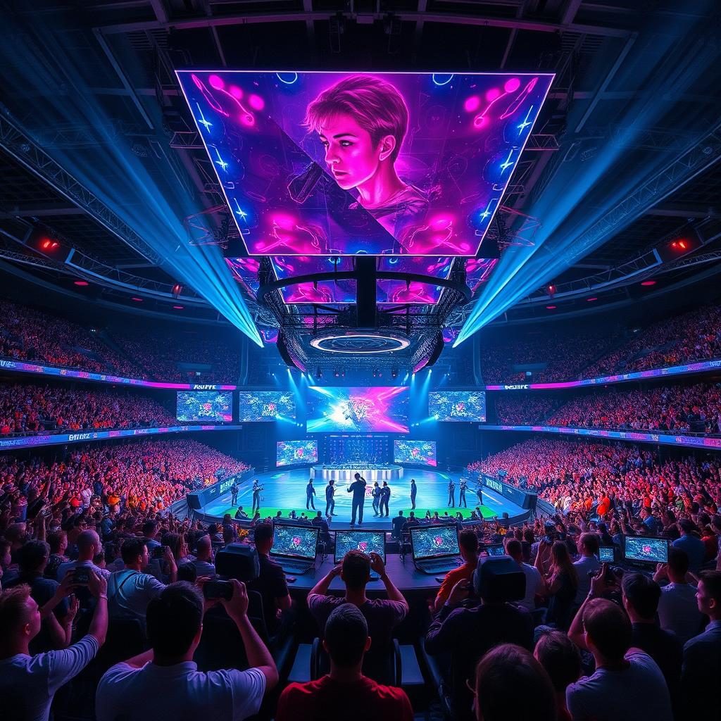 A large futuristic stadium filled with cheering crowds, showcasing a high-stakes esports tournament featuring holographic displays above the stage
