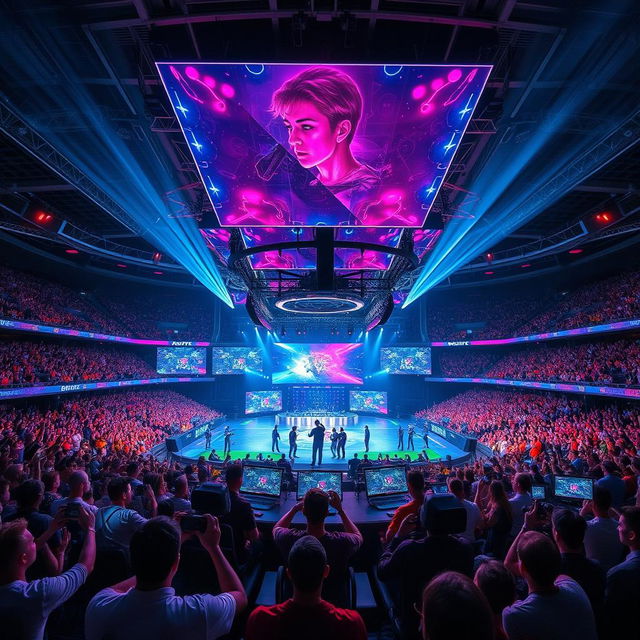 A large futuristic stadium filled with cheering crowds, showcasing a high-stakes esports tournament featuring holographic displays above the stage