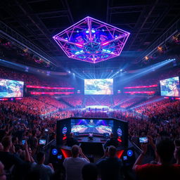 A large futuristic stadium filled with cheering crowds, showcasing a high-stakes esports tournament featuring holographic displays above the stage
