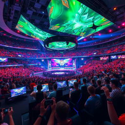 A large futuristic stadium filled with cheering crowds, showcasing a high-stakes esports tournament featuring holographic displays above the stage