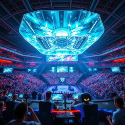 A large futuristic stadium filled with cheering crowds, showcasing a high-stakes esports tournament featuring holographic displays above the stage