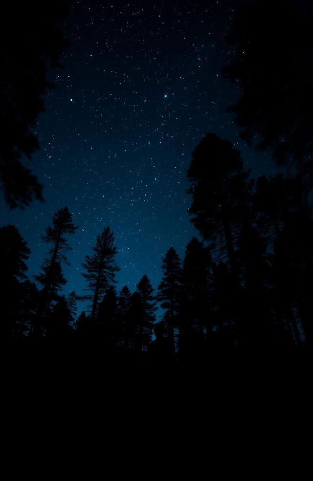 A solitary figure standing in a dark forest, surrounded by towering trees and a starry night sky