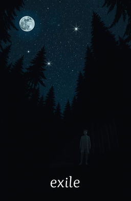 A solitary figure standing in a dark forest, surrounded by towering trees and a starry night sky