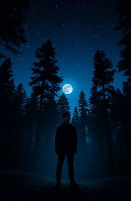 A solitary figure standing in a dark forest, surrounded by towering trees and a starry night sky