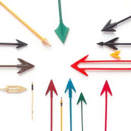 A clear image featuring various objects arranged artistically, prominently displaying arrows pointing in different directions