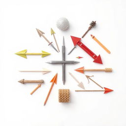 A clear image featuring various objects arranged artistically, prominently displaying arrows pointing in different directions
