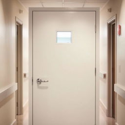 A clean, white psychiatric center door with a polished finish, featuring a simple metal handle and a small rectangular glass window at eye level