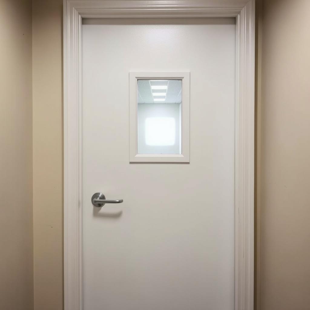 A clean, white psychiatric center door with a polished finish, featuring a simple metal handle and a small rectangular glass window at eye level