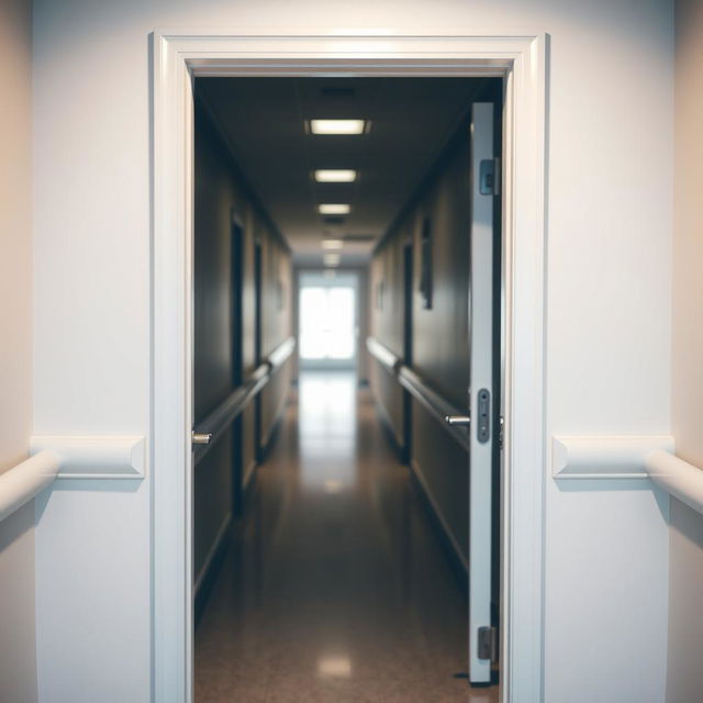 A clean, white psychiatric center door with a polished finish, featuring a simple metal handle and a small rectangular glass window at eye level