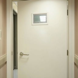 A clean, white psychiatric center door with a polished finish, featuring a simple metal handle and a small rectangular glass window at eye level