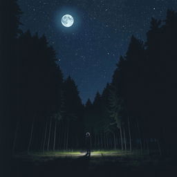 A solitary person standing in a dense forest at night, underneath a sky filled with twinkling stars