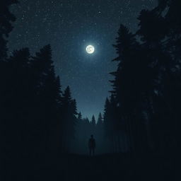 A solitary person standing in a dense forest at night, underneath a sky filled with twinkling stars