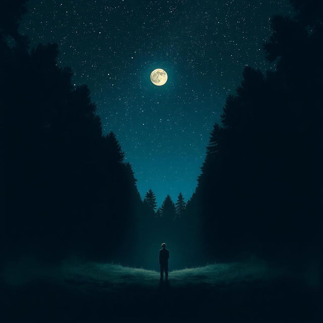 A solitary person standing in a dense forest at night, underneath a sky filled with twinkling stars