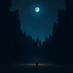 A solitary person standing in a dense forest at night, underneath a sky filled with twinkling stars