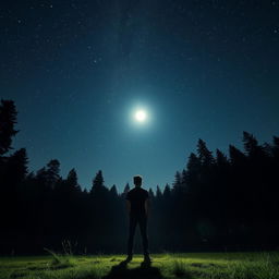 A lone individual standing amidst a sprawling forest at night, with a breathtaking sky full of stars twinkling overhead
