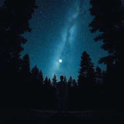 A lone individual standing amidst a sprawling forest at night, with a breathtaking sky full of stars twinkling overhead
