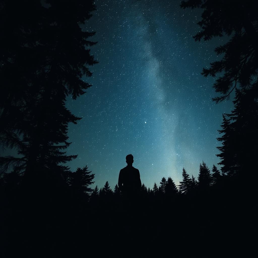 A lone individual standing amidst a sprawling forest at night, with a breathtaking sky full of stars twinkling overhead