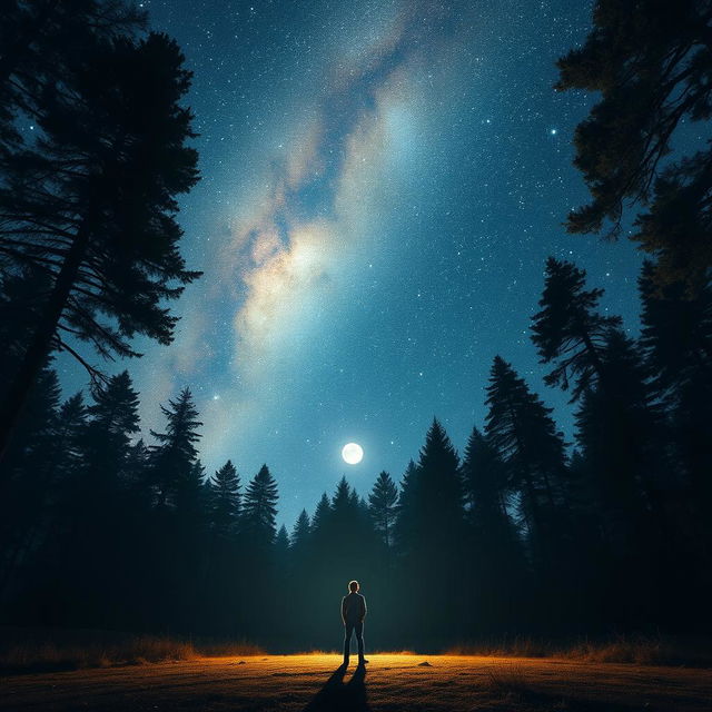 A lone individual standing amidst a sprawling forest at night, with a breathtaking sky full of stars twinkling overhead