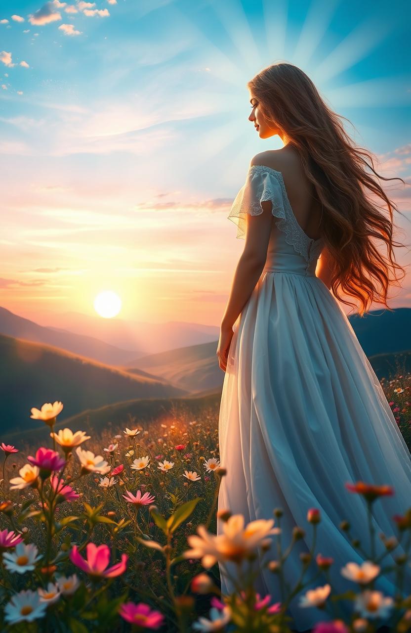 A surreal art interpretation of 'Noli Me Tangere', depicting a mystical landscape where a radiant figure is touched by soft beams of light