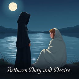 Two young women by a serene lake at night