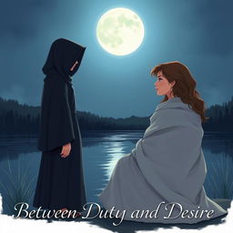 Two young women by a serene lake at night