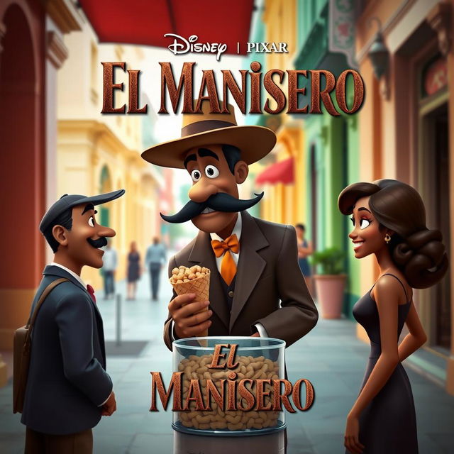 A movie poster for a Disney Pixar film featuring a charming mulatto man with an elegant mustache and a stylish hat, selling a cone of peanuts to a beautiful mulatto woman