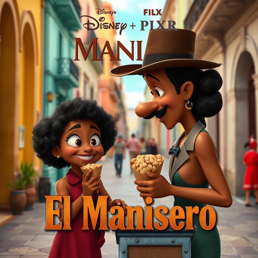 A movie poster for a Disney Pixar film featuring a charming mulatto man with an elegant mustache and a stylish hat, selling a cone of peanuts to a beautiful mulatto woman