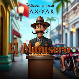 A movie poster for a Disney Pixar film featuring a charming mulatto man with an elegant mustache and a stylish hat, selling a cone of peanuts to a beautiful mulatto woman