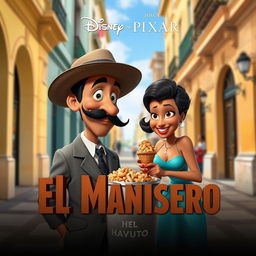 A movie poster for a Disney Pixar film featuring a charming mulatto man with an elegant mustache and a stylish hat, selling a cone of peanuts to a beautiful mulatto woman