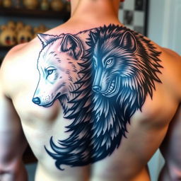 A design featuring a tattoo on a man's back with two wolves