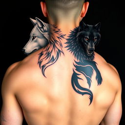 A design featuring a tattoo on a man's back with two wolves