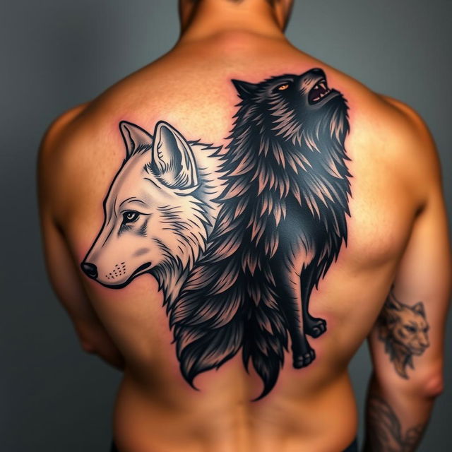 A design featuring a tattoo on a man's back with two wolves