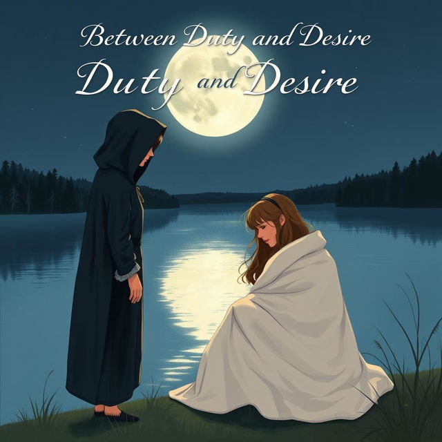 A book cover illustration featuring two young women by a serene lake at night