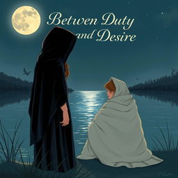 A book cover illustration featuring two young women by a serene lake at night
