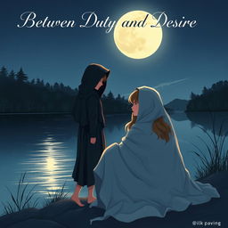 A book cover illustration featuring two young women by a serene lake at night