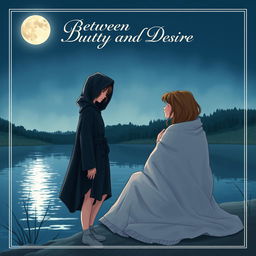 A book cover illustration featuring two young women by a serene lake at night