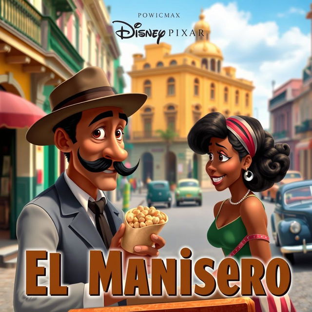 A vibrant Disney Pixar movie cover depicting a charming scene in 1930s Havana