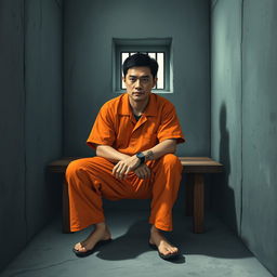 A Chinese prisoner depicted in a stark prison environment, wearing an orange jumpsuit while seated on a wooden bench in a small, austere cell