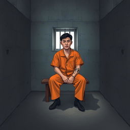 A Chinese prisoner depicted in a stark prison environment, wearing an orange jumpsuit while seated on a wooden bench in a small, austere cell