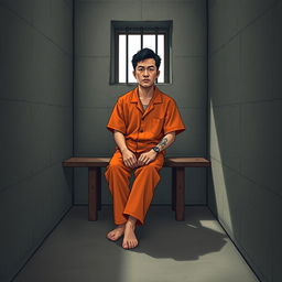 A Chinese prisoner depicted in a stark prison environment, wearing an orange jumpsuit while seated on a wooden bench in a small, austere cell