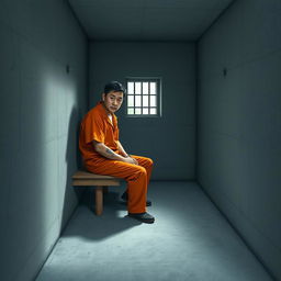 A Chinese prisoner depicted in a stark prison environment, wearing an orange jumpsuit while seated on a wooden bench in a small, austere cell