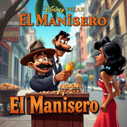 A vibrant and colorful movie poster in the style of Disney Pixar, featuring a dapper mulatto man with an elegant mustache and a stylish hat selling a cone of peanuts to a beautiful mulatto woman