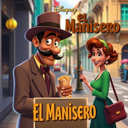 A vibrant and colorful movie poster in the style of Disney Pixar, featuring a dapper mulatto man with an elegant mustache and a stylish hat selling a cone of peanuts to a beautiful mulatto woman