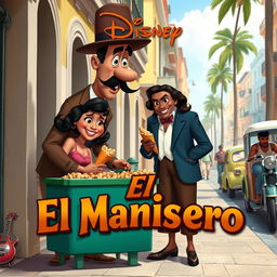 A vibrant and colorful movie poster in the style of Disney Pixar, featuring a dapper mulatto man with an elegant mustache and a stylish hat selling a cone of peanuts to a beautiful mulatto woman