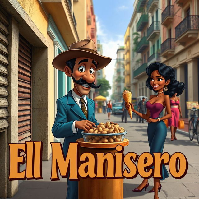 A vibrant and colorful movie poster in the style of Disney Pixar, featuring a dapper mulatto man with an elegant mustache and a stylish hat selling a cone of peanuts to a beautiful mulatto woman