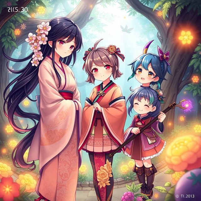 An enchanting fantasy illustration featuring three Japanese sisters in a vibrant mythical setting