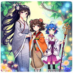 An enchanting fantasy illustration featuring three Japanese sisters in a vibrant mythical setting