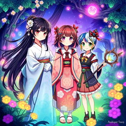 An enchanting fantasy illustration featuring three Japanese sisters in a vibrant mythical setting